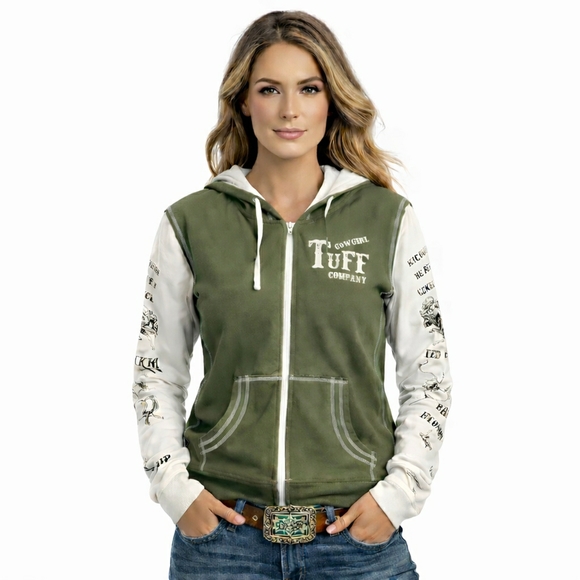 Cowgirl Tuff Jackets & Blazers - Women's L Cowgirl Tuff Company Green Cream Zip-Up Hoodie #46